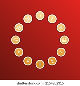Clock face sign. Golden gradient Icon with contours on redish Background. Illustration.