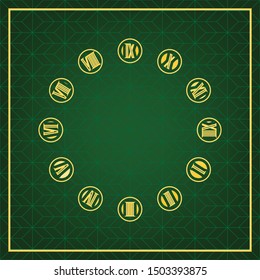 Clock face sign. Golden icon with gold contour at dark green gridded white background. Illustration.