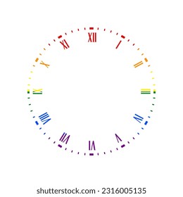 Señal de la cara del reloj. Icono en fondo blanco, de los derechos LGBT gay arcoiris. Ilustración.