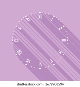 Clock face sign. White Icon with long shadow at purple background. Illustration.