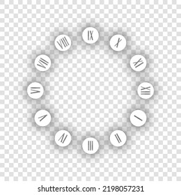 Clock face sign. White Icon with dropped natural gray Shadow at transparent Background. Illustration.