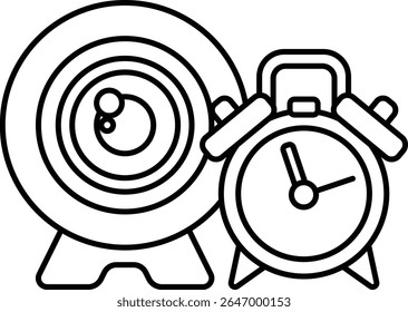 A clock with a face sits next to a camera lens