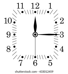 Clock Face. Square Shape. Twelve Fifteen. Vector Illustration