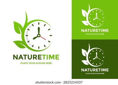 Clock face surrounded by green leaves logo vector. Ideal for eco-friendly timing, natural life cycles, and agriculture scheduling.