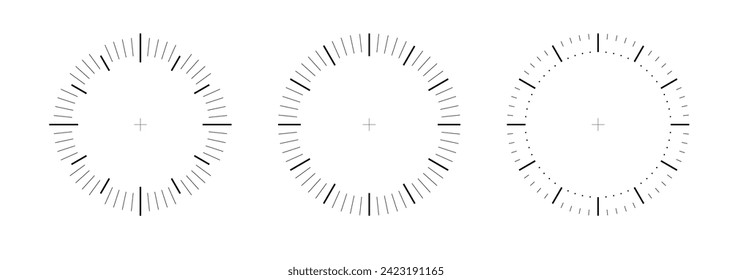 Clock face vector círculo. Relojes analógicos de plantilla, termómetro o medición de peso. Velocímetro o cronómetro, punto marcado escala de tiempo.