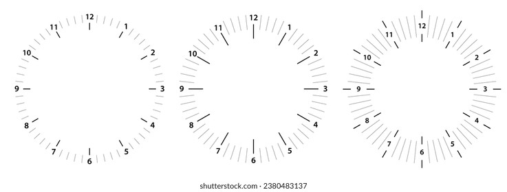 Clock face vector circle. Thermometer elegant degree or weight measuring analogue watches. Speedometer or chrono meter dot marked time scale.