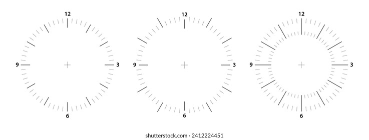 Clock face vector circle. Thermometer elegant degree or weight measuring analogue watches. Speedometer or chrono meter dot marked time scale.