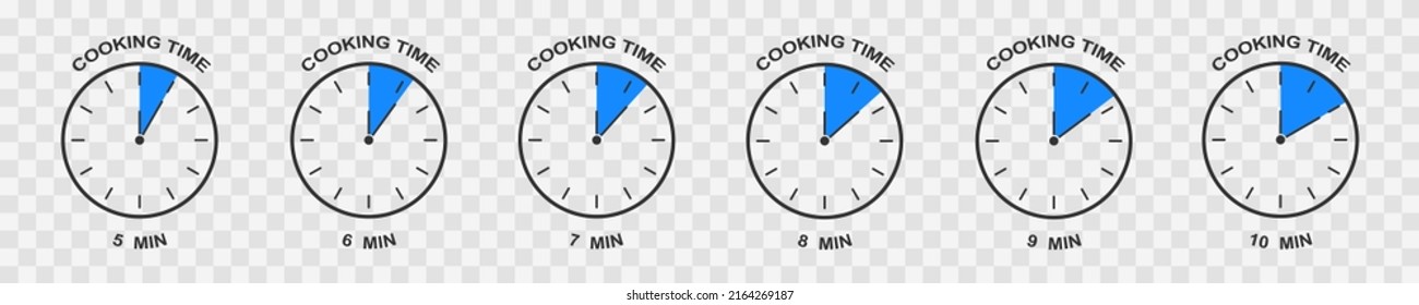 Clock faces with 5, 6, 7, 8, 9, 10 minute time interval. Cooking time icons set. Timer symbols. Infographic elements for food preparation instructions. Vector flat illustration