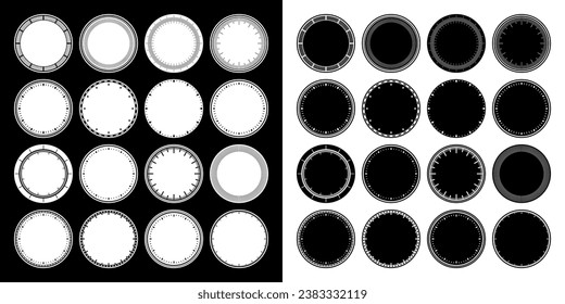 Clock faces, bezel. Watch dial with minute and hour marks. Timer or stopwatch element. Blank measuring circle scale with divisions. Vector illustration.