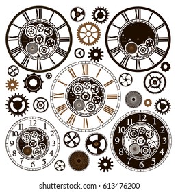 Clock faces with parts on white background. Vector illustration. 