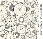 Clock faces seamless pattern. Roman and Arabic numerals watch dials. Repeated print. Steam punk style. Mechanical chronometer. Hour and minute arrows. Vintage elements