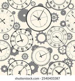 Clock faces seamless pattern. Roman and Arabic numerals watch dials. Repeated print. Steam punk style. Mechanical chronometer. Hour and minute arrows. Vintage elements