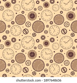 El reloj se enfrenta a un patrón ininterrumpido. Viñeta el fondo del fondo de la vintage, haciendo tictac los elementos de tiempo con números romanos y árabes en colores sepia. Decoración textil, envolvimiento papel tapiz vectorial impresión o tela