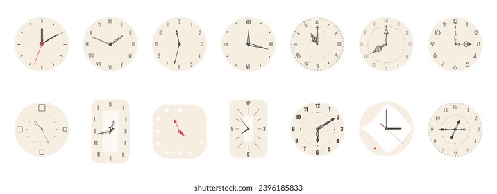 Clock faces set vector illustration. Cartoon isolated collection of old classic analog clocks with Roman and Arabic black numbers, hour and minute ornamental hands ticking and running on dial