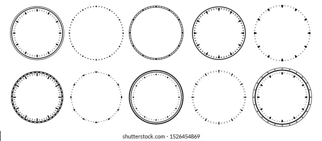 Clock Faces. Vintage Clocks Bezel, Seconds Timer And 12 Hours Watch Round Scale. Clocks Frames Silhouette, Deadline Hour Stopwatch Face. Isolated Vector Symbols Set