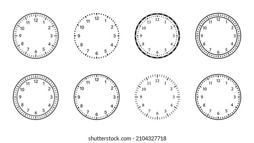 Clock faces. Watch dials with numbers. Templates of round clock faces. Design of clockfaces for wall. Classic and vintage countdown. Vector.