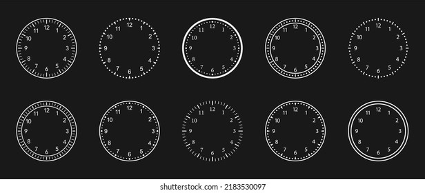 Clock faces. Watch with numbers. Dial icons. Circle stopwatch with scale. Round outline modern clocks isolated on black background. Graphic templates. Vector.