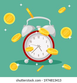 Clock with falling coins. Red retro alarm and gold coins on green background, time to get income or pay bills and credit, profit and investment concept, vector cartoon isolated illustration