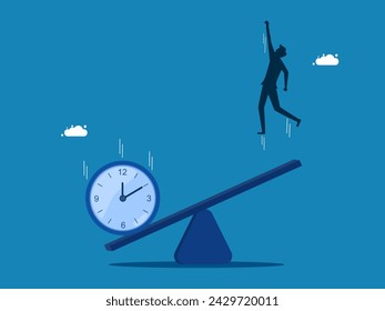 Clock falling on a seesaw to help a businessman jump high