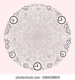 Clock Festive Round Cluster. Object Pattern Done From Random Clock Pictographs As Exploding Globula. Abstract Round Globula Mosaic Done From Clock Icons.