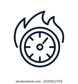 Clock with fire. The concept of faster, hotter time. Vector linear icon isolated on white background.