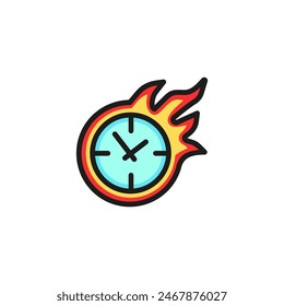 Clock in Feuerlinie Symbol. Schau zu, Flamme, brennend. Heißes Zeitkonzept. Kann für Themen wie Frist, dringende Aufgabe, Eilauftrag verwendet werden