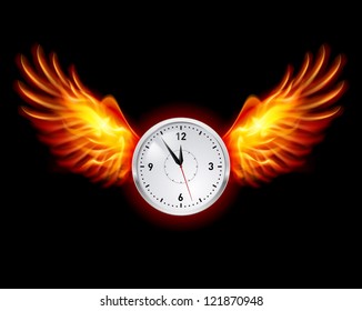 Clock with fire wings. Illustration on black background