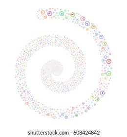 Clock fireworks burst spiral. Vector illustration style is flat bright multicolored scattered symbols. Object whirlpool constructed from random pictograms.