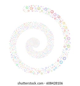 Clock fireworks burst spiral. Vector illustration style is flat bright multicolored scattered symbols. Object swirling combined from scattered icons.