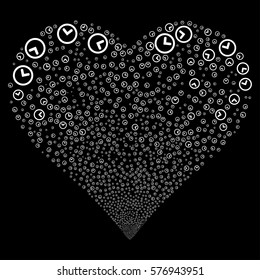 Clock fireworks with heart shape. Vector illustration style is flat white iconic symbols on a black background. Object love heart combined from confetti symbols.