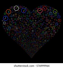 Clock fireworks with heart shape. Vector illustration style is flat bright multicolored iconic symbols on a black background. Object stream combined from scattered icons.
