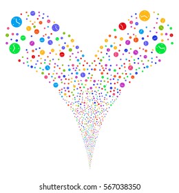 Clock fireworks stream. Vector illustration style is flat bright multicolored iconic symbols on a white background. Object double fountain made from random pictographs.
