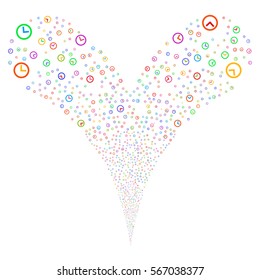 Clock fireworks stream. Vector illustration style is flat bright multicolored iconic symbols on a white background. Object double fountain constructed from random symbols.