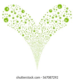 Clock fireworks stream. Vector illustration style is flat eco green iconic symbols on a white background. Object double fountain organized from random icons.
