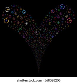 Clock fireworks stream. Vector illustration style is flat bright multicolored iconic symbols on a black background. Object double fountain done from random pictograms.