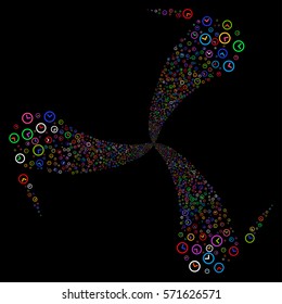 Clock fireworks swirl rotation. Vector illustration style is flat bright multicolored iconic symbols on a black background. Object twirl combined from random pictograms.