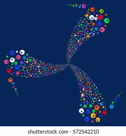 Clock fireworks swirl rotation. Vector illustration style is flat bright multicolored iconic symbols on a blue background. Object twirl organized from random icons.