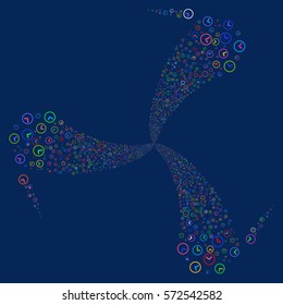 Clock fireworks swirl rotation. Vector illustration style is flat bright multicolored iconic symbols on a blue background. Object twirl organized from random design elements.