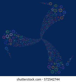Clock fireworks swirl rotation. Vector illustration style is flat bright multicolored iconic symbols on a blue background. Object twirl combined from random symbols.