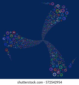 Clock fireworks swirl rotation. Vector illustration style is flat bright multicolored iconic symbols on a blue background. Object spiral created from random pictographs.