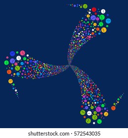 Clock fireworks swirl rotation. Vector illustration style is flat bright multicolored iconic symbols on a blue background. Object whirl made from random icons.