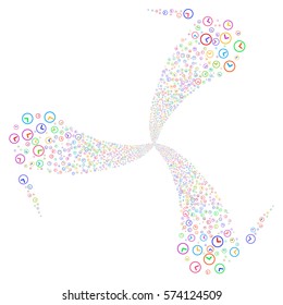 Clock fireworks swirl rotation. Vector illustration style is flat bright multicolored iconic symbols on a white background. Object whirl combined from random symbols.