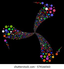 Clock fireworks swirl rotation. Vector illustration style is flat bright multicolored iconic symbols on a black background. Object whirlpool constructed from random symbols.