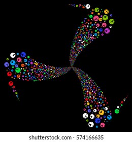 Clock fireworks swirl rotation. Vector illustration style is flat bright multicolored iconic symbols on a black background. Object whirlpool made from random pictographs.