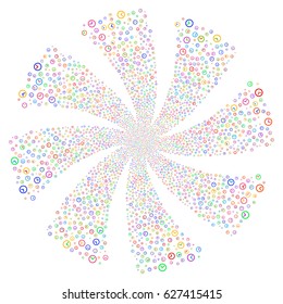 Clock fireworks swirl rotation. Vector illustration style is flat bright multicolored iconic symbols on a white background. Object twirl combined from random symbols.