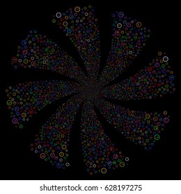 Clock fireworks swirl rotation. Vector illustration style is flat bright multicolored iconic symbols on a black background. Object spiral combined from random icons.