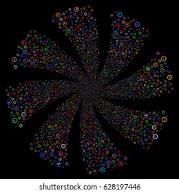 Clock fireworks swirl rotation. Vector illustration style is flat bright multicolored iconic symbols on a black background. Object whirlpool done from random symbols.