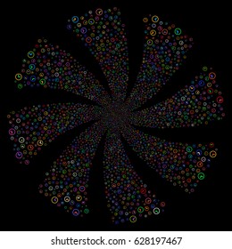 Clock fireworks swirl rotation. Vector illustration style is flat bright multicolored iconic symbols on a black background. Object spiral done from random design elements.