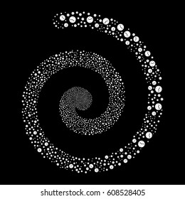 Clock fireworks swirling spiral. Vector illustration style is flat white scattered symbols. Object vortex made from scattered design elements.