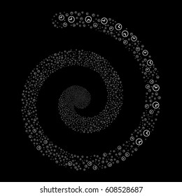 Clock fireworks swirling spiral. Vector illustration style is flat white scattered symbols. Object helix done from random symbols.